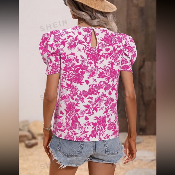 🫶 3 for $15! Size Medium NWOT Women Blouse Floral Puff sleeve blouse pink blouse - Picture 2 of 7